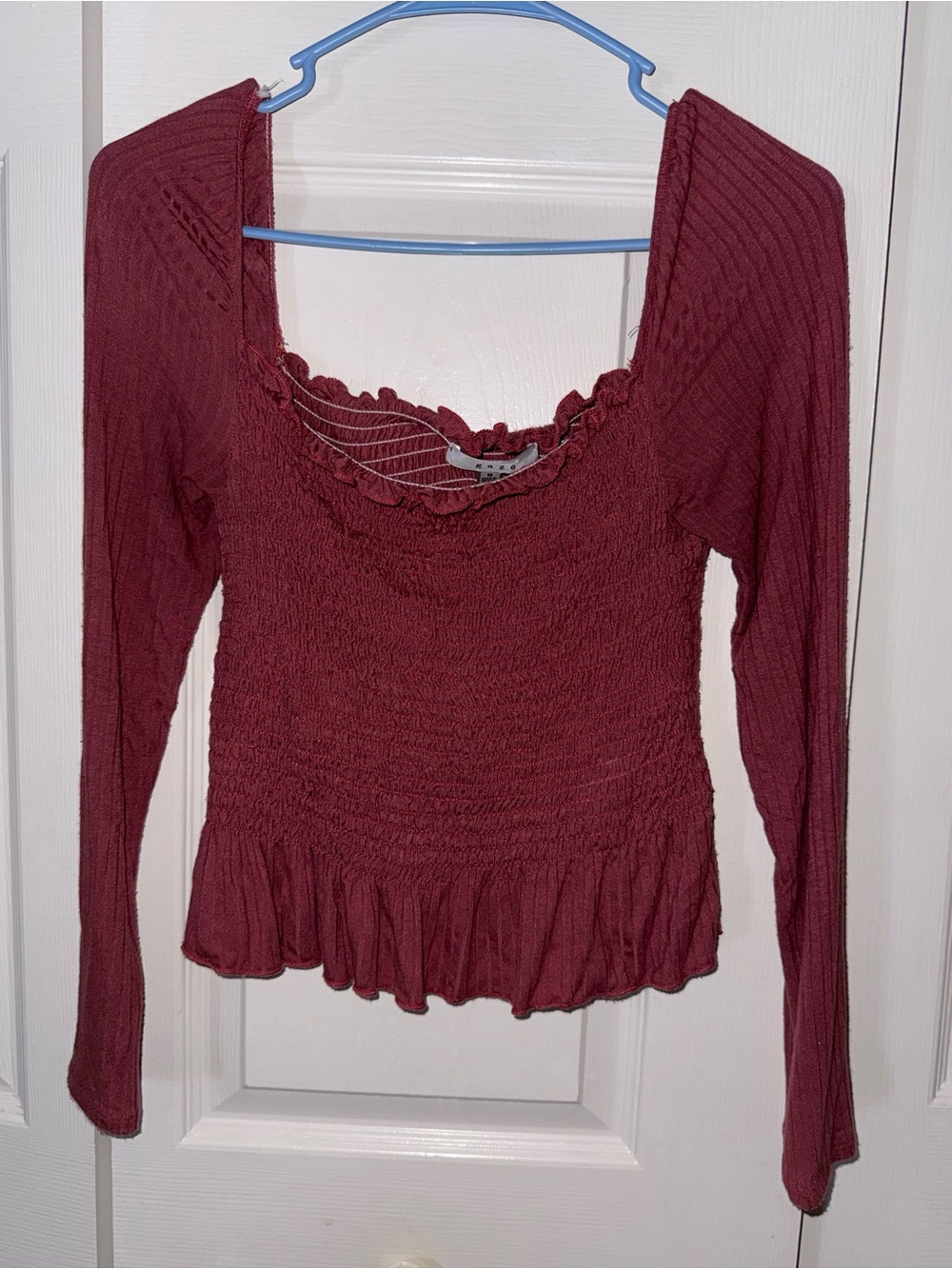 gaze Burgundy Smocked Long-Sleeve Ruffle Hem Top